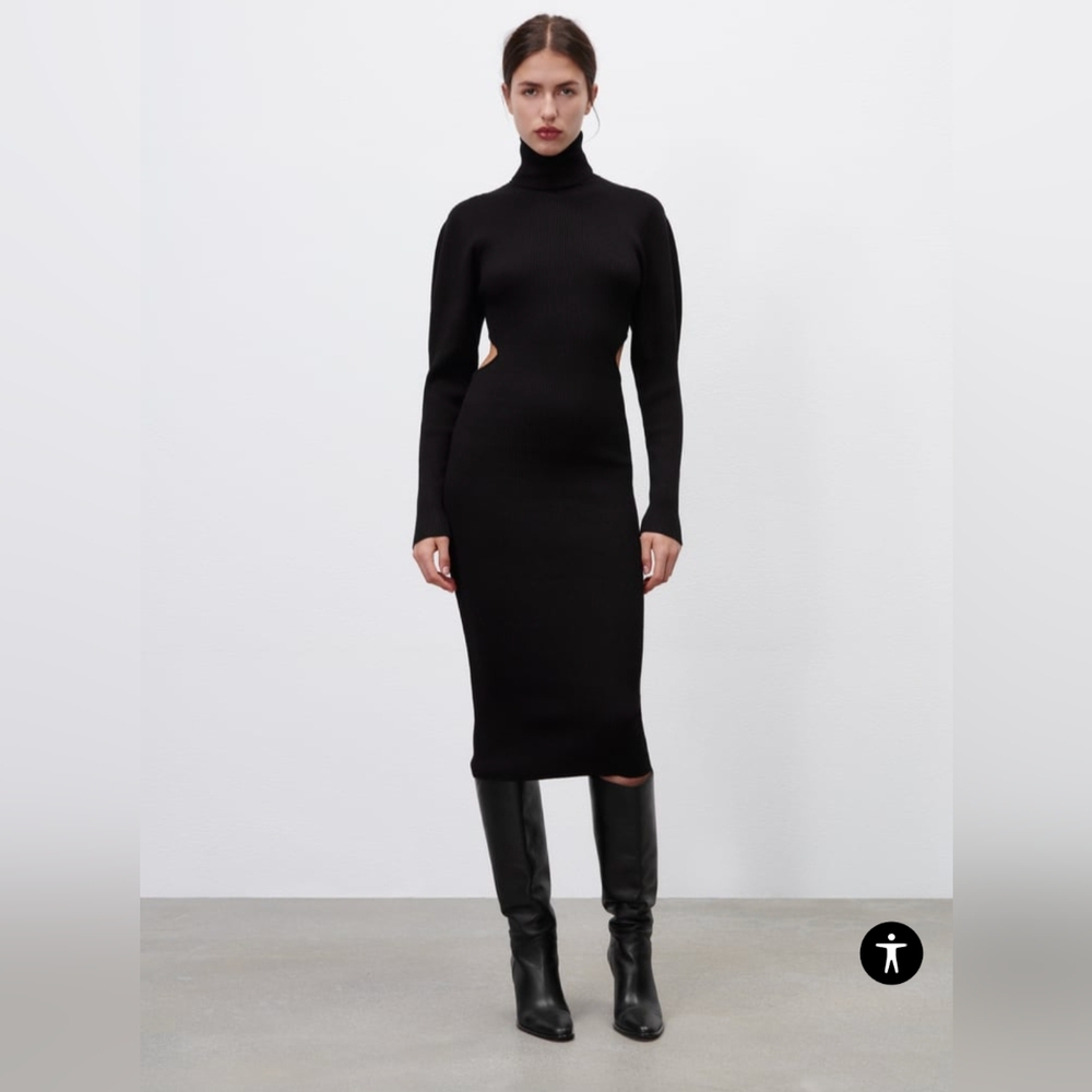 ZARA* jersey knit long sleeve mock neck side ruche cut out long length dress s L